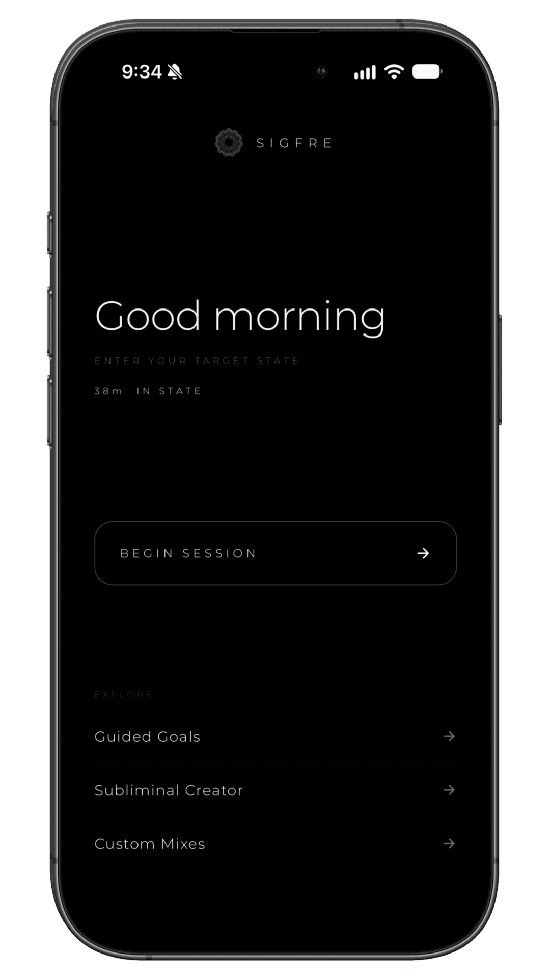 Sigfre app home screen showing the session entry point
